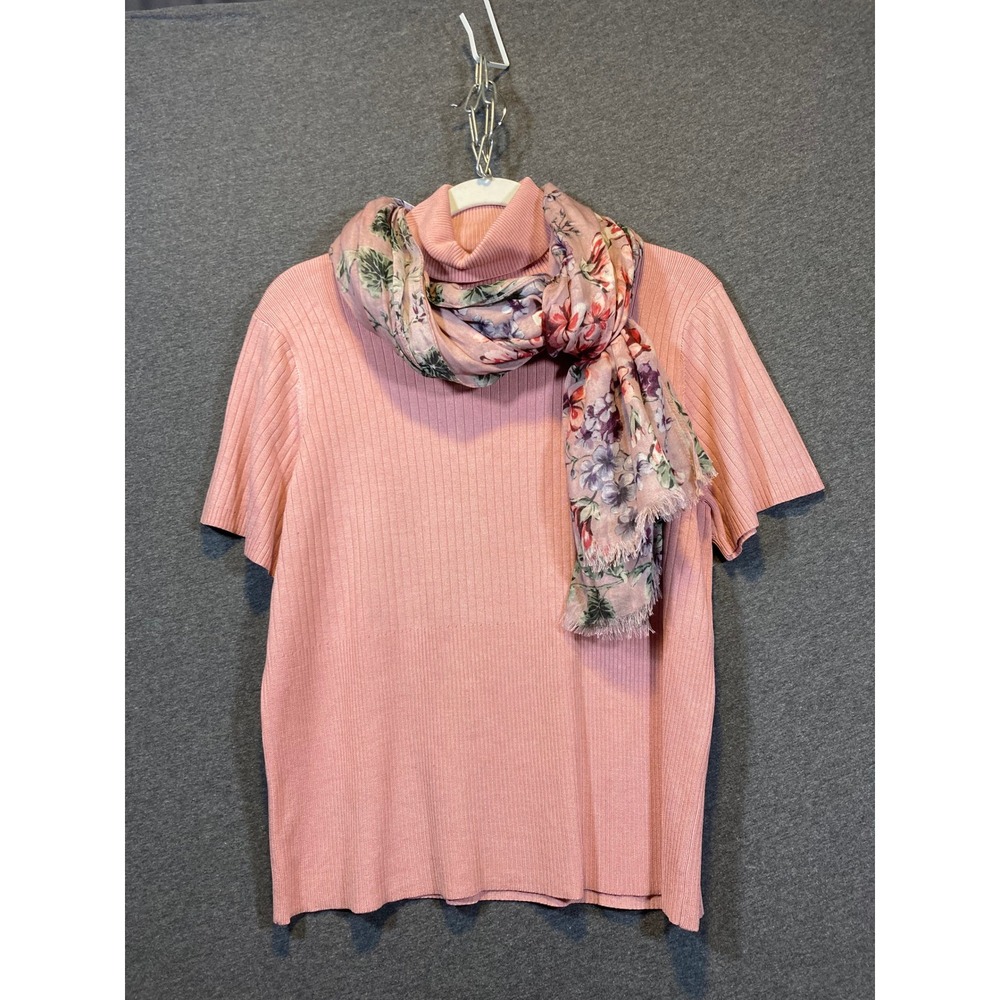 Liz Claiborne Collection Pink Ribbed Short Sleeve Turtleneck Sweater with Scarf